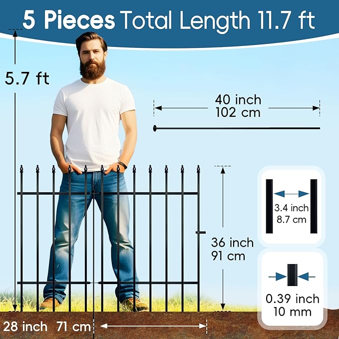 Metal Garden Fence 36" Wide x 28" High, 5 Panels (4 Panels + 1 Gate), Total 11.6 feet, Metal Border Folding Fence, Landscape Fencing Dog Fence Pet Fence for Flower Bed, Yard, Animal Barrier