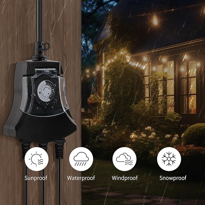 Outdoor Timer Outlet Waterproof, 24 Hour Mechanical Timer Outlet for Home and Garden, 3 Grounded, 15A 3/4HP, Black, 2 Pack