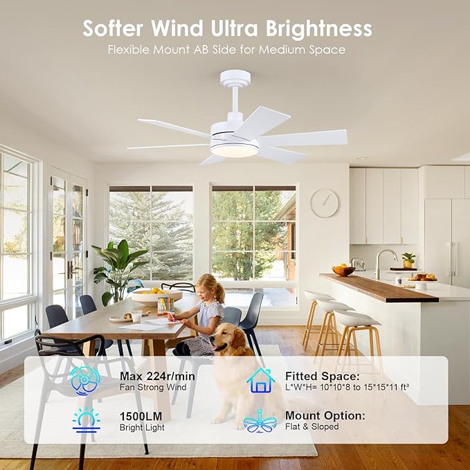 42 inch Ceiling Fans with Lights, Ceiling Fan with Remote APP, Dual-Sided Modern/Rustic 6 Blades, Reversible, 3CCT, Sloped Flush Mount Low Profile Ceiling Fan with Lights Bedroom Kitchen Indoor White