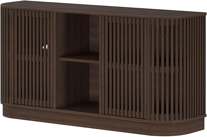 Plank+Beam Contour Wood TV Stand, Two Door Solid Wood Entertainment Console with Storage, 59" L x 16" W x 30" H, Walnut