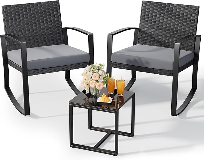 3 Pieces Outdoor Patio Furniture Set Rocking Bistro Set Outdoor Rattan Conversation with Coffee Table for Garden Balcony Backyard Poolside (Grey Cushion)