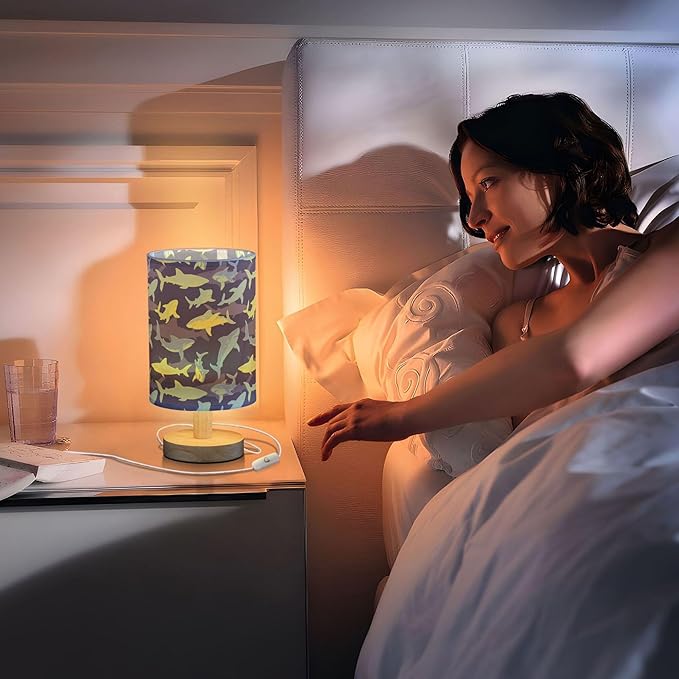 Table Lamp Shark Underwater Pattern Nightstand Lamp with Wood Base Fabric Lamp Shade Bedside Desk Lamp for Living Room Bedroom Kids Room Office