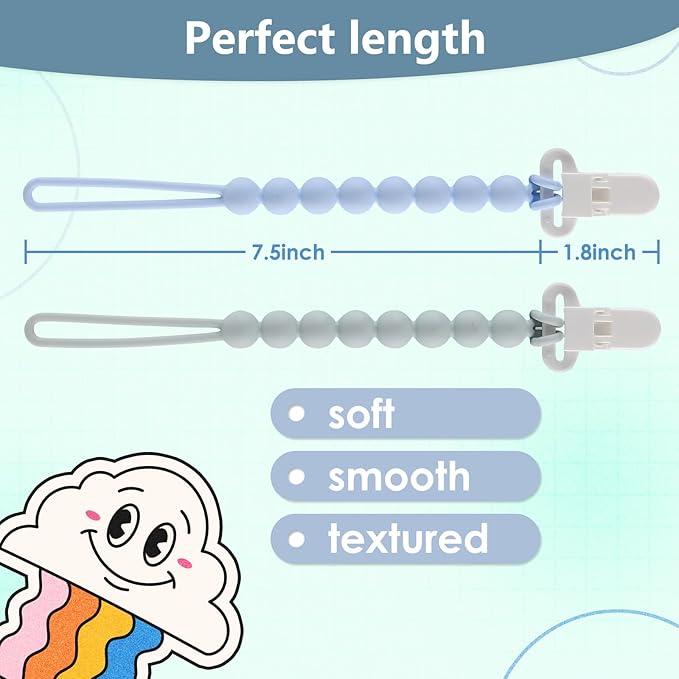 4-Pack Silicone Pacifier Clips with One-Piece Beads for Baby Boys and Girls - Flexible and Rust-Free Holders for Teething Relief and Baby Essentials, Safe for Newborns (Blue)