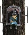 Tree Gnome Statue Open Door Fairy Wall Decoration -Resin Tree Window Figure Decor for Outdoor Patio Lawn Porch (Brown)