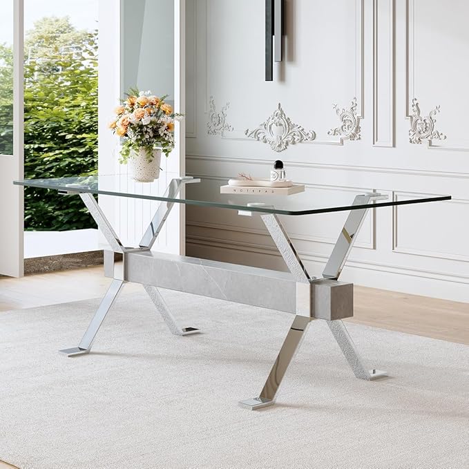 Glass Dining Table 71"｜Modern Dining Table for 6-8｜0.4" Thick Tempered Glass Top｜Chrome Silver Metal Legs｜Grey Crossbar｜Easy Assembly｜Perfect for Dining Room or Kitchen