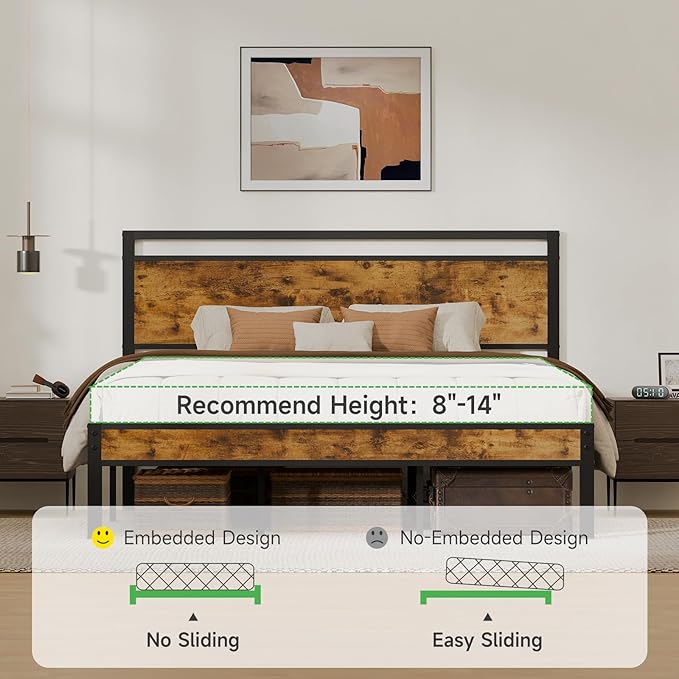 Z-hom Upgraded King Size Bed Frame, Heavy Duty Metal Sturdy King Bed Frame with Modern Wood Headboard & Footboard, Stable Platform Bed Furniture Bed Storage, No Noise, No Box Springs, Vintage Brown