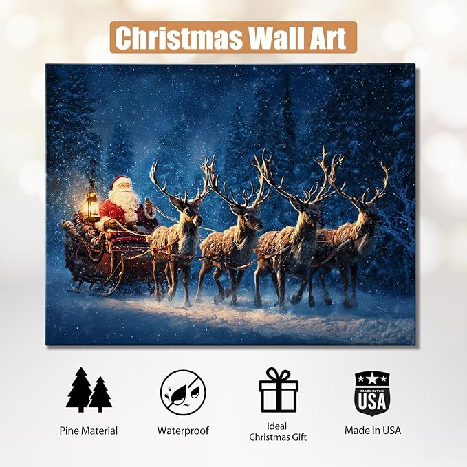 Vintage Santa's Sleigh Christmas Canvas Wall Art - Festive Winter Journey Framed Print for Bedroom Decor, Rustic Christmas Wall Art with Wood Frame, Ideal Christmas Gifts & Cozy Holiday Decorations
