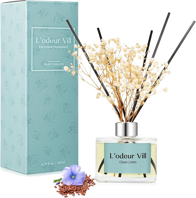L'odeur Vill Reed Diffuser Set, 6.7 oz(200ml) Clean Linen Scented Diffuser with 6 Oil Diffuser Sticks, Home Fragrance Essential Oil Reed Diffuser for Home Large Rooms Bathroom Shelf Decor