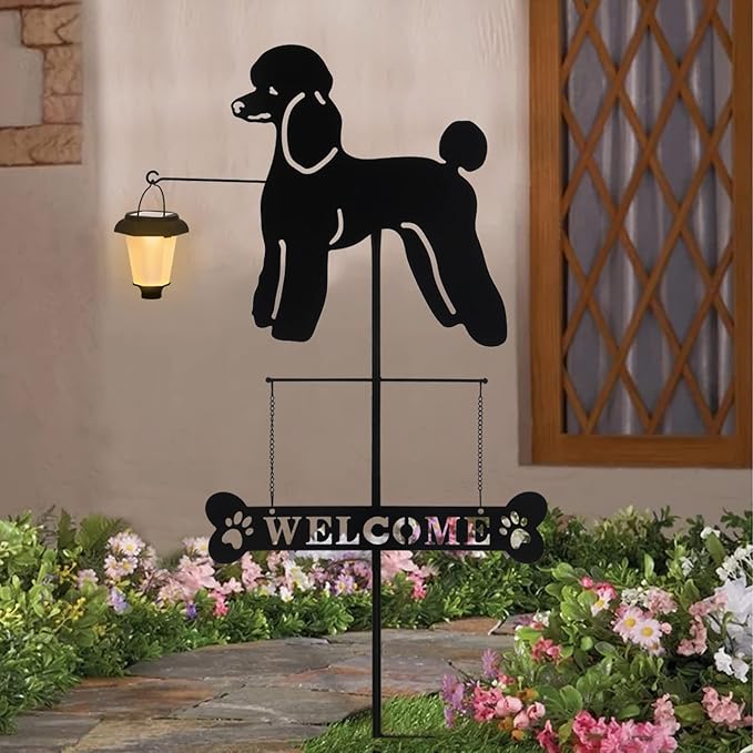 BAYN Solar Poodle Garden Stakes Decorative with a Lantern Dog Silhouette Welcome Sign Outdoor Garden Decor for Yard, Lawn, Patio, Pathway