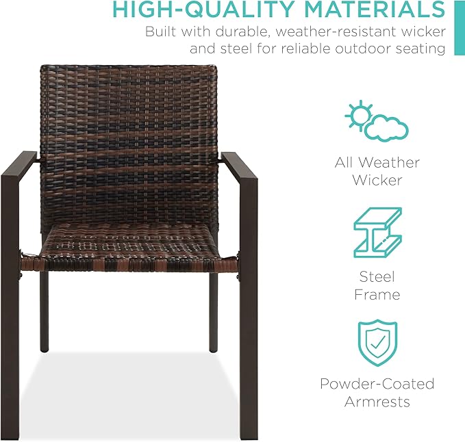 Best Choice Products Set of 2 Stackable Outdoor Wicker Dining Chairs All-Weather Firepit Armchair w/Armrests, Steel Frame for Patio, Deck, Garden, Yard - Brown