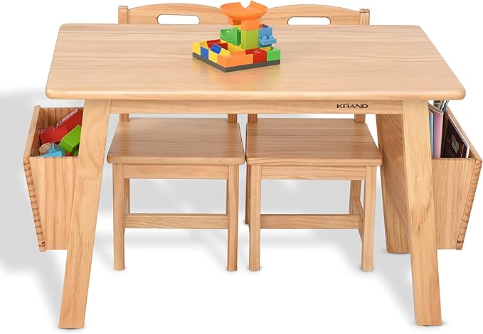 Kids Solid Wood Table and 2 Chair Set with Storage Desk and Chair Set for Children Toddler Activity Table (Solid Wood/Natural)