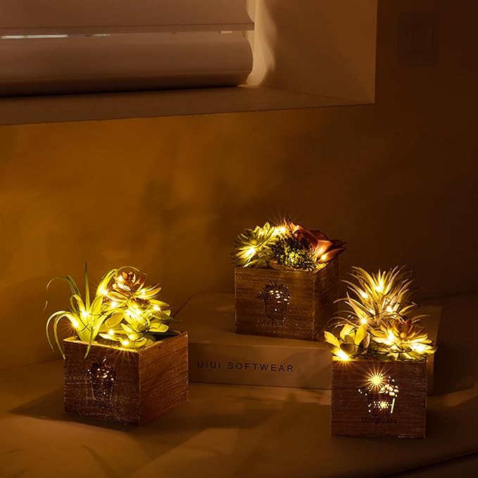 Mingfuxin Small Fake Plants, 3 Packs Mini Succulent Plants Artificial with Led Lights for Indoor Bathroom Bedroom Desk Office Decor