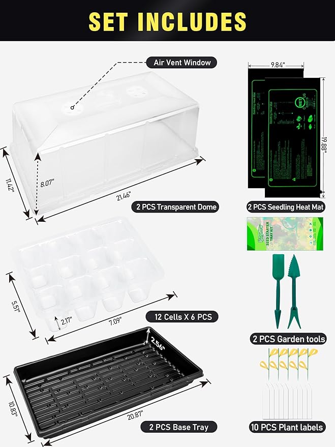 1020 Plant Tray with Tall 8'' Dome, 144-Cell Seed Starter Tray with Heat Mat, Extra Large Seed Starter Kit, Heavy-Duty Seed Starter Tray for Seed Starting, Plant Germination & Growing, 2 Pack