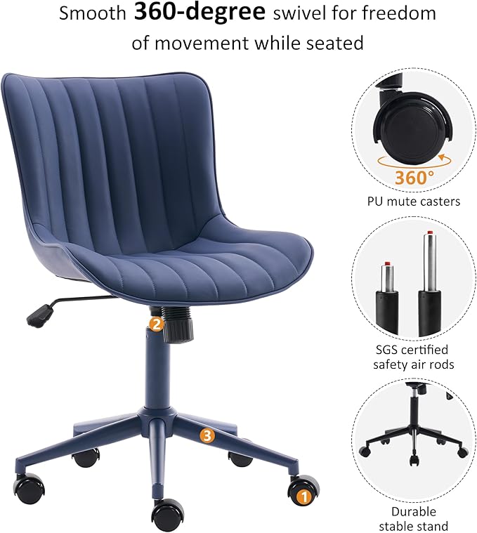 YOUNIKE Armless Home Office Desk Chair with Wheels Compact Comfy Vanity Chair with Adjustable Back Modern Small Leather Upholstered Rolling Swivel Cute Copmuter Task Chair No Arms Ergonomic Navy Blue