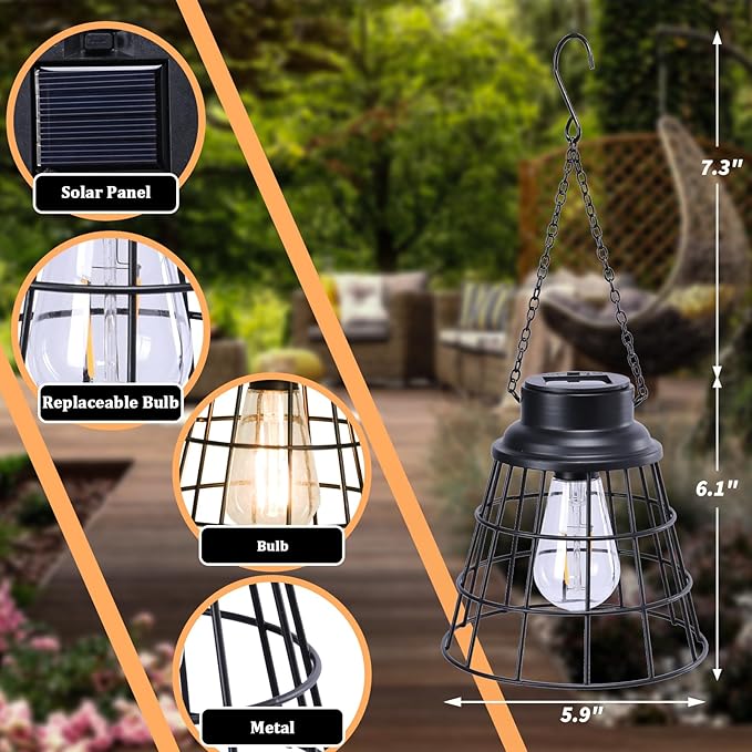 2 Pack Solar Lanterns Outdoor Waterproof , Metal Cage Design with Replaceable LED Bulb, Waterproof Vintage Decorative Light for Patio, Garden, and Yard (5.9" x 6.1", Black)