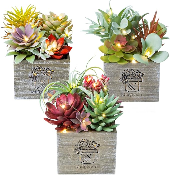 Mingfuxin Succulents Plants Artificial with Light, Small Fake Plants in Pots for Home Decor, Potted Decorative Succulents Plants for Table Desk Bathroom Office Room Decor