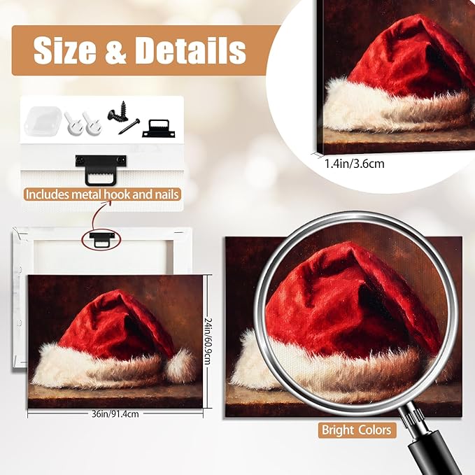 AbcCustomize Vintage Red Santa Hat Christmas Wall Art - Festive Christmas Canvas Prints with Wood Frame, Cozy Winter Decor for Livingroom Bedroom, Unique Christmas Gifts & Winter Home Decor