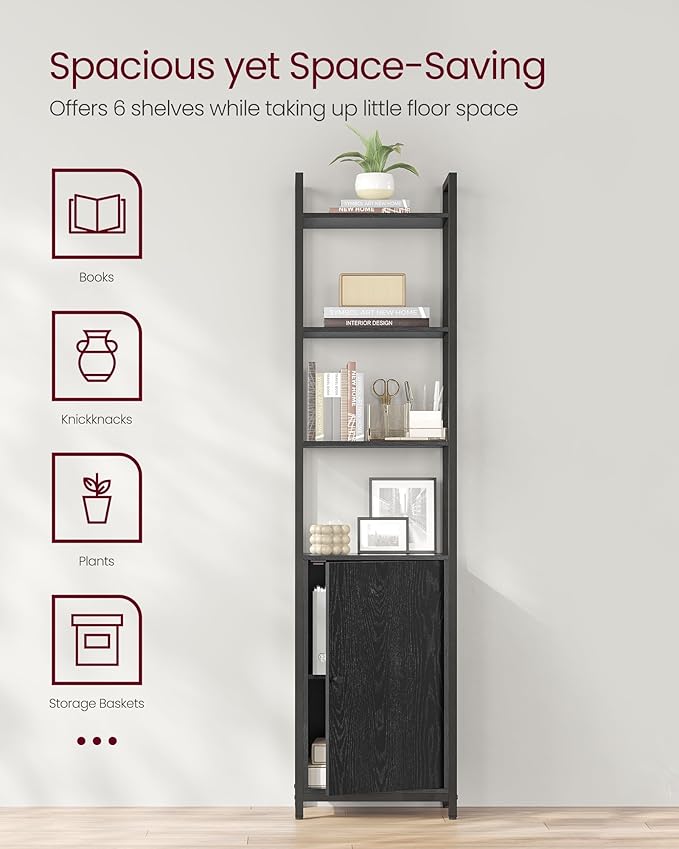 VASAGLE 6-Tier Bookshelf, Tall Bookcase with Cabinet, Steel Frame, Adjustable Shelves, 9.4 x 15.7 x 62.8 Inches, Living Room Bedroom, Ebony Black and Ink Black ULLS132B01