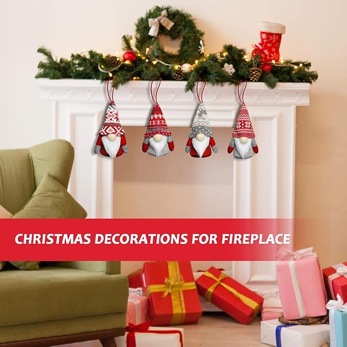 Christmas Gnome Hanging Ornaments with Lights, Handmade Swedish Tomte Plush Scandinavian Santa Elf Ornaments, Home Decorations for Shelf Table Fireplace Christmas Tree - Pack of 4
