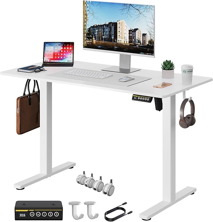 Electric Standing Desk Adjustable Height 40"x24" Stand Up Desk with Lockable Wheels Ergonomic Sit Stand Desk for for Work Office Home Computer Workstation (White)