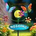 Solar Garden Stakes Metal Welcome Signs for Outside 28.1' - 2 Flying Butterflies with Cracked Glass Ball,Decorative Garden Stakes for Lawn, Patio, Butterfly Gifts for Women
