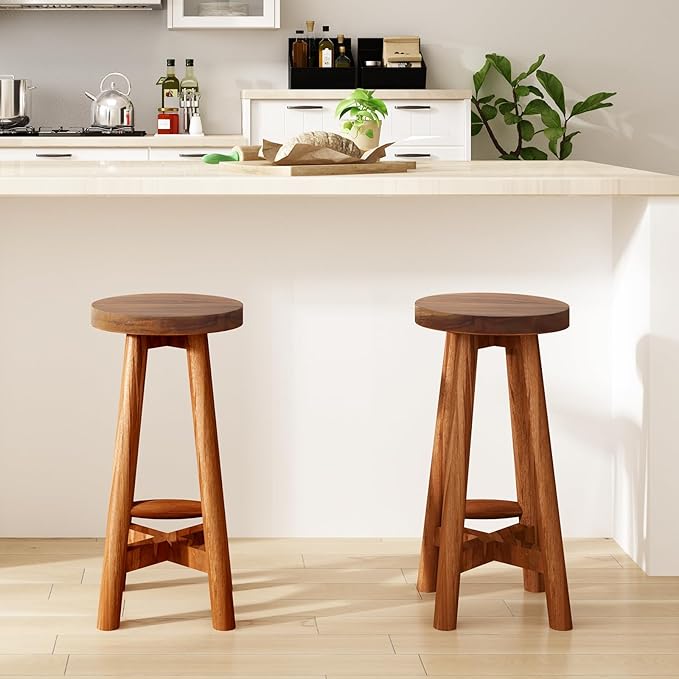 Solid Teak Wood Barstool with Round Seat for Kitchen Counter, Home Bar Furniture, 24-Inch Height
