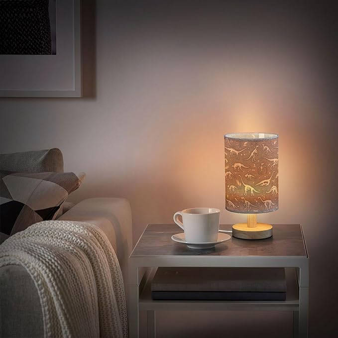Table Lamp Dinosaur Fossil Dino Skeletons Pattern Nightstand Lamp with Wood Base Fabric Lamp Shade Bedside Desk Lamp for Living Room Bedroom Kids Room Office