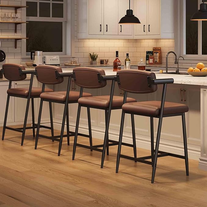 GarveeHome Counter Height Bar Stools of 4 with Armrests, 4 Piece Counter Height Bar Stools Set with Back, Upholstered Seat & Metal Footrest for Kitchen Islands, Counter Bars, Retro Brown