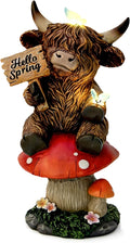Highland Cow Garden Statue with Solar Butterfly Lights, Spring Outdoor Highland Cow on Mushroom Butterfly Decoration for Yard, Patio, Lawn, Cows Figurine Housewarming Gift for Women, Mom