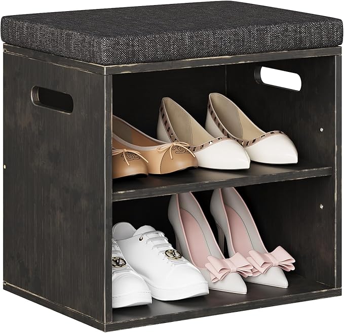 Bamboo Small Shoe Bench for Entryway 2 Tier Shoe Storage Bench with Cushion Adjustable Shoe Rack with Padded Seat for Living Room Hallway (Antique Black)