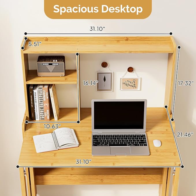31.1" Bamboo Folding Desk with Bookshelf, Compact Computer Desk for Small Spaces, Foldable Study Desk with Storage Shelf, Space-Saving Home Office Desk for Bedroom, Dorm, Apartment,Natural