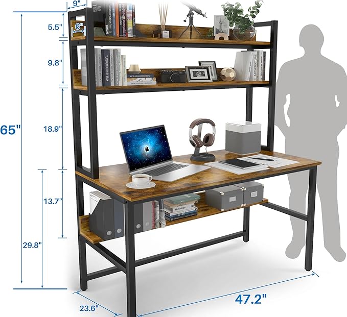 Aquzee Computer Desk with Hutch, 47“W x 23.6" D Desk with Shelves, Tall Home Office Desk with Bookshelf, Metal Legs Study Table with Upper Storage Shelf for Study Writing/Workstation