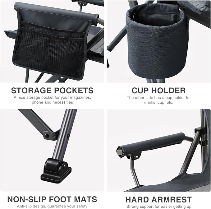 EVER ADVANCED Oversized Folding Camping Chair, for Adults Heavy Duty Lawn Chair with Side Pockets, Portable Collapsible Quad Chair for Outside, Support Up to 500lbs, Grey