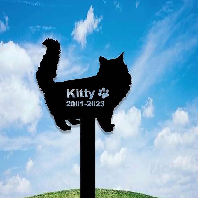 Custom Fluffy Cat Memorial Stake Sign Metal Long Hair Cat Grave Marker Cat Garden Decor Personalized Cat Name Remembrance Yard Stake Pet in Heaven Loss of Cat Sympathy Gift