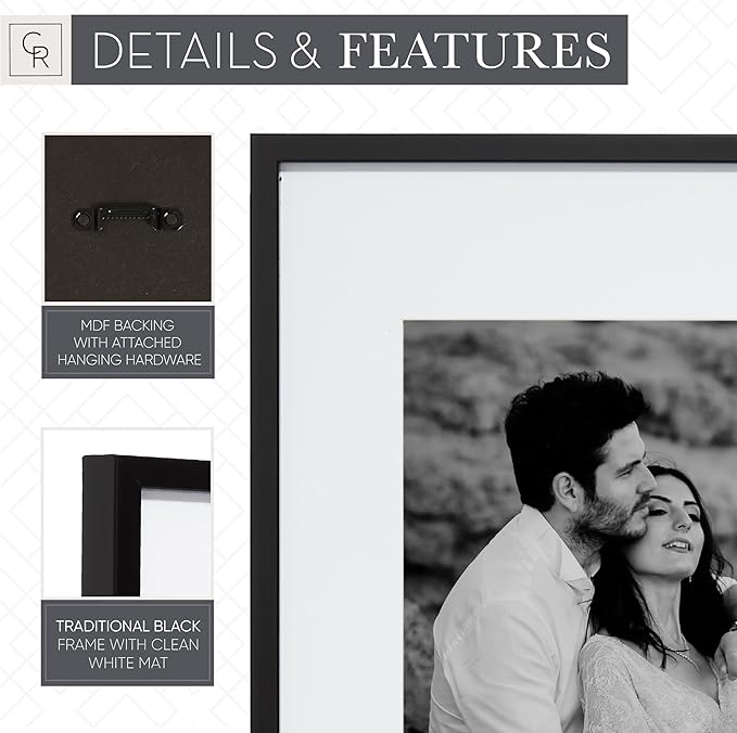 Camden Reed Arcadia 8 Piece Oversized Gallery Wall Frame, 11x14 and 11x11 inch matted frames for featuring 8x10 and 8x8 Inch Photographs or Art Prints, Black Finish