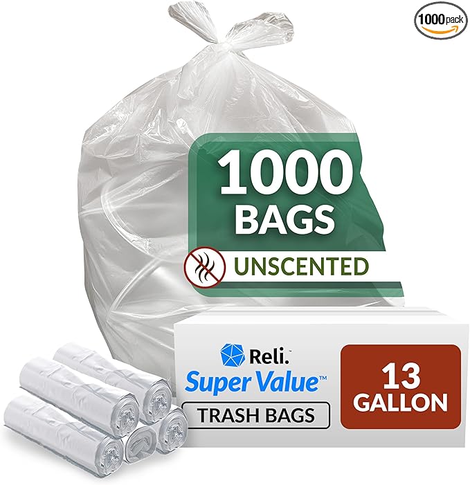 Reli. SuperValue 13 Gallon Trash Bags | 1000 Count Bulk | Tall Kitchen | Can