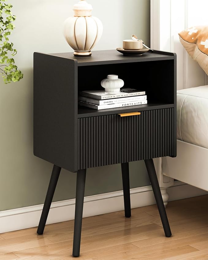 Black Nightstand,Modern Bedside Table with Storage Drawer and Open Wood Shelf, for Living Room, Bedroom and Small Spaces, Accent Night Stand with Solid Wood Legs, Easy Assembly,Classic Black