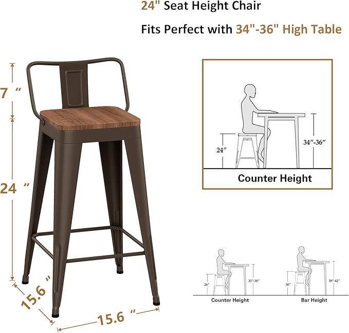 WENTMENT Industrial Rusty Bar Stools Set of 4, 24" Counter Height, Wooden Seat, Removable Back, Stackable