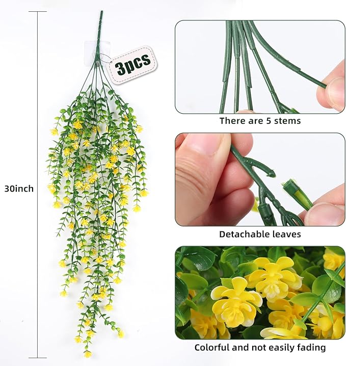 RECUTMS Outdoor Fake Hanging Plants,Hanging Plant Vine,Faux Eucalyptus Leafs Greenery Vine Plant Faux Plants Fake Plants Greenery for Jungle Theme Party Wedding Decoration(Yellow)