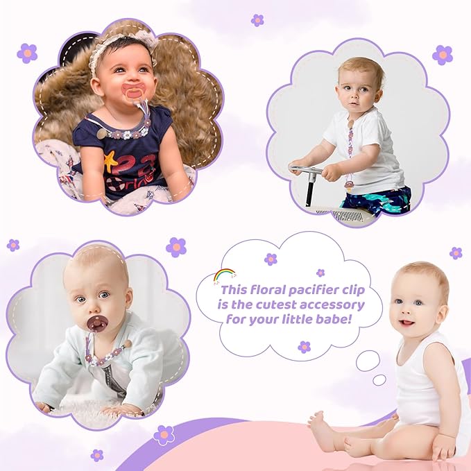 Pacifier Clip for Boys Girls Floral Daisy Macrame Baby Paci Clip Pacifier Holder Leash Boho Wooden Clips Handmade Braided Cotton Binky Clips (2pack:Pink Daisy & Lavender Style A)