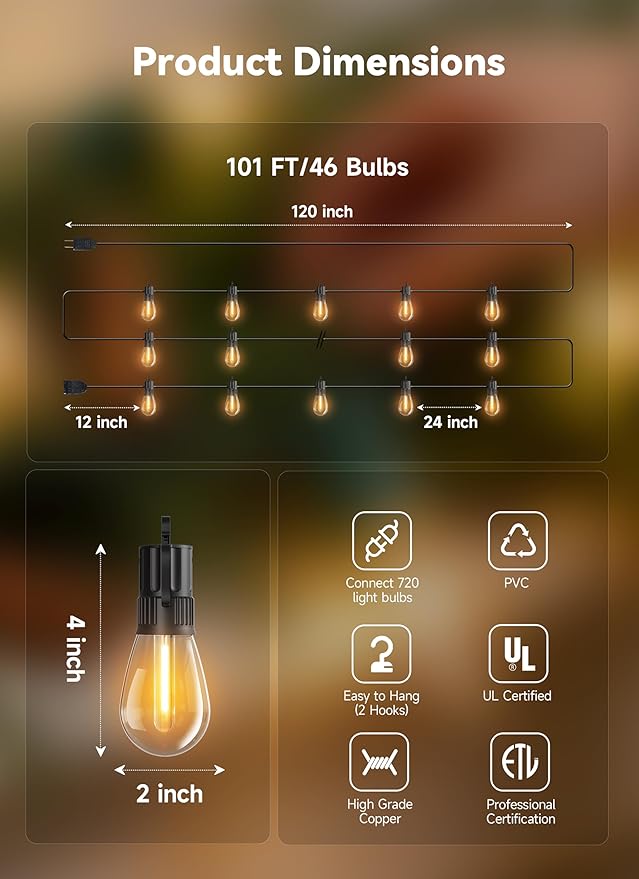 Minetom 101FT Outdoor String LED Patio Lights Waterproof,46 Shatterproof S14 Vintage Edison Bulbs,Commercial Grade Outside Hanging Lights Waterproof for Porch Deck Garden Backyard Balcony Cafe Bistro