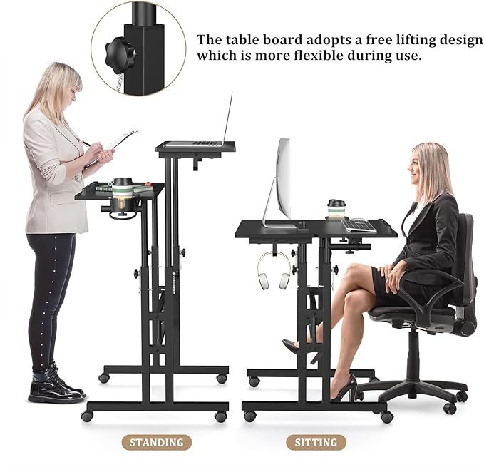 Small Standing Desk with Wheels, Mobile Stand Up Desk, Portable Standing Table on Wheels for Walking Pad, Rolling Computer Desk Adjustable Height, Tall Table