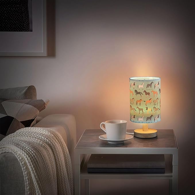 Horse Pattern on Blue Table Lamp with Wood Base Fabric Lamp Shade Bedside Nightstand Desk Lamp for Living Room Bedroom Kids Room Office