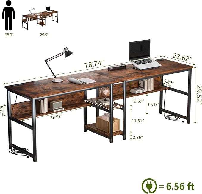 78.74" Two Person Desk with 2 Power Strips, Double Desk with Shelves, Long Computer Desk for Two People, Wood Writing Desk Workstation for Home Office, 23.62"D x 78.74"W x 29.52"H, Rustic Brown