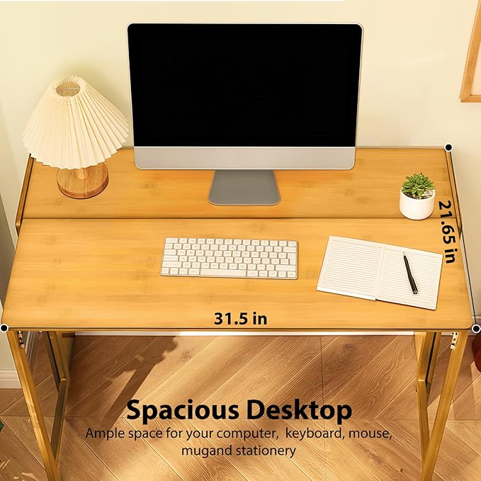 31.5" Bamboo Folding Desk,Space-Saving Computer Desk for Small Spaces, Foldable Study Table for Bedroom, Home Office, Dorm, Apartment（Natural）