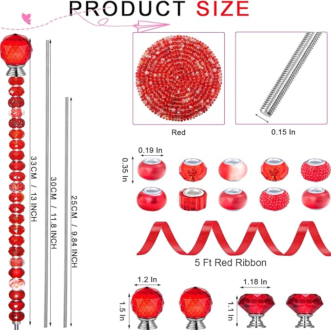 119Pcs Garden Stake DIY Fairy Wand Plant Stake with Red Large Hole Beads Crystal Diamond Stopper Top 4 Stainless Steel Threaded Rod Beaded Garden Stakes for Outdoor Indoor Yard Patio Decorations