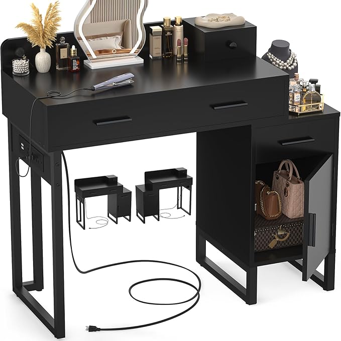 Vanity Desk with 4 Storage Drawers - Modern Makeup Vanity Table with Charging Station, Black Vanity Desk with Reversible Cabinet Dressing Table Set with Divided Organizers for Women Girls, Black