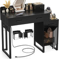 Vanity Desk with 4 Storage Drawers - Modern Makeup Vanity Table with Charging Station, Black Vanity Desk with Reversible Cabinet Dressing Table Set with Divided Organizers for Women Girls, Black