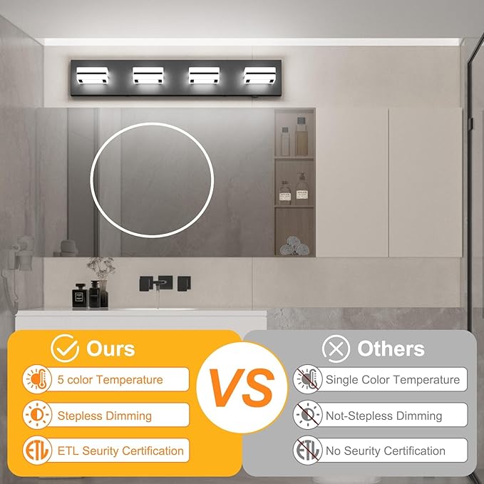 Ralbay 5 Color Temperature Dimmable Black Vanity Lights for Bathroom 4 Lights Acrylic Modern LED Matte Black Bathroom Vanity Lighting Fixtures