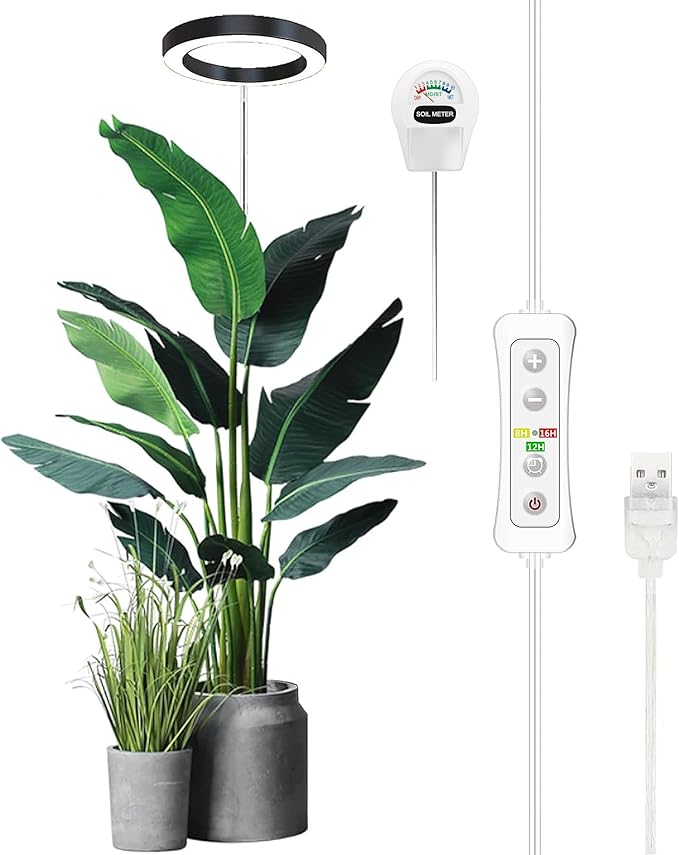 yadoker Plant Grow Light, LED Growing Light Full Spectrum for Indoor Plants, Paired with a Soil Tester,Height Adjustable, Automatic Timer, 5V Low Safe Voltage,Idea for Large Plant Light